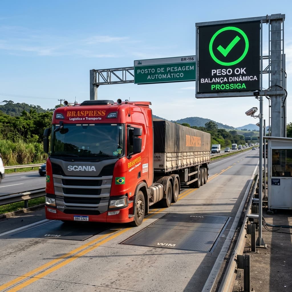 Caminhão de carga pesada posicionado em balança rodoviária para pesagem de eixos
