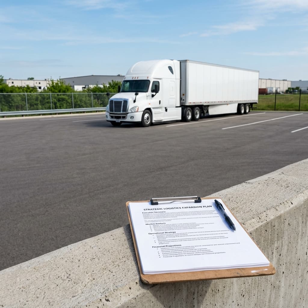 Empreendedor montando transportadora, verificando documentos e frota de caminhões
