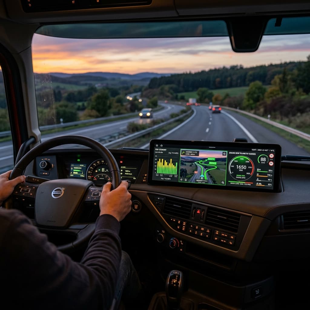 Cabine de caminhão em movimento mostrando painel digital com acompanhamento de dados e telemetria