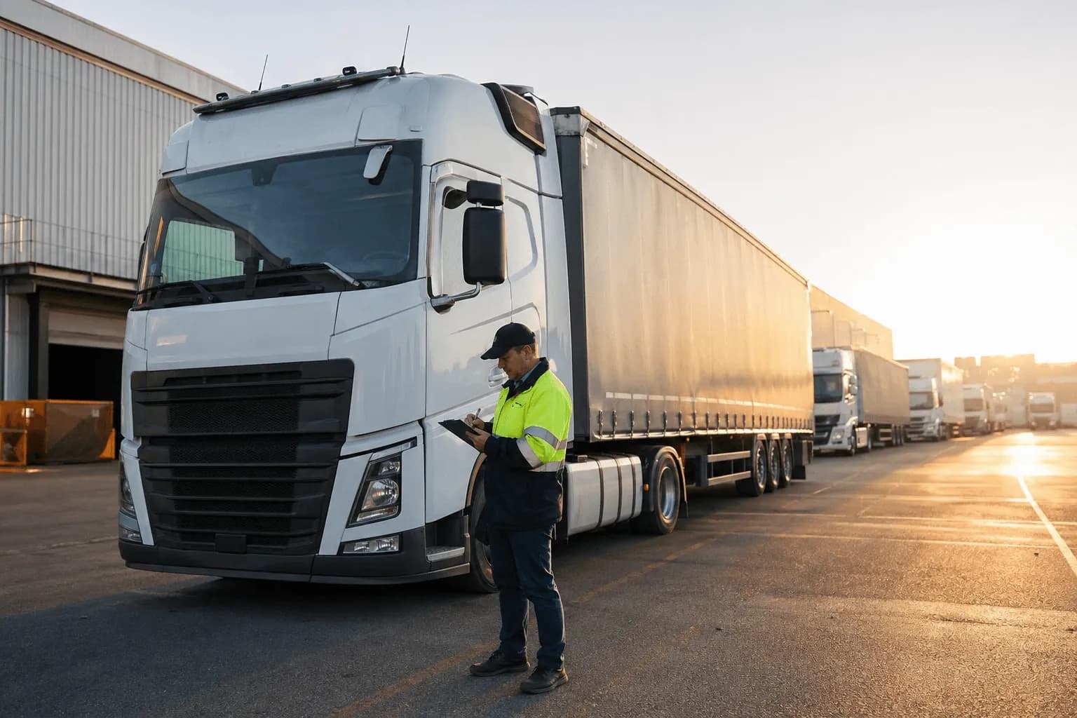 Gerente logístico inspecionando diferentes tipos de caminhões e cargas no pátio da empresa