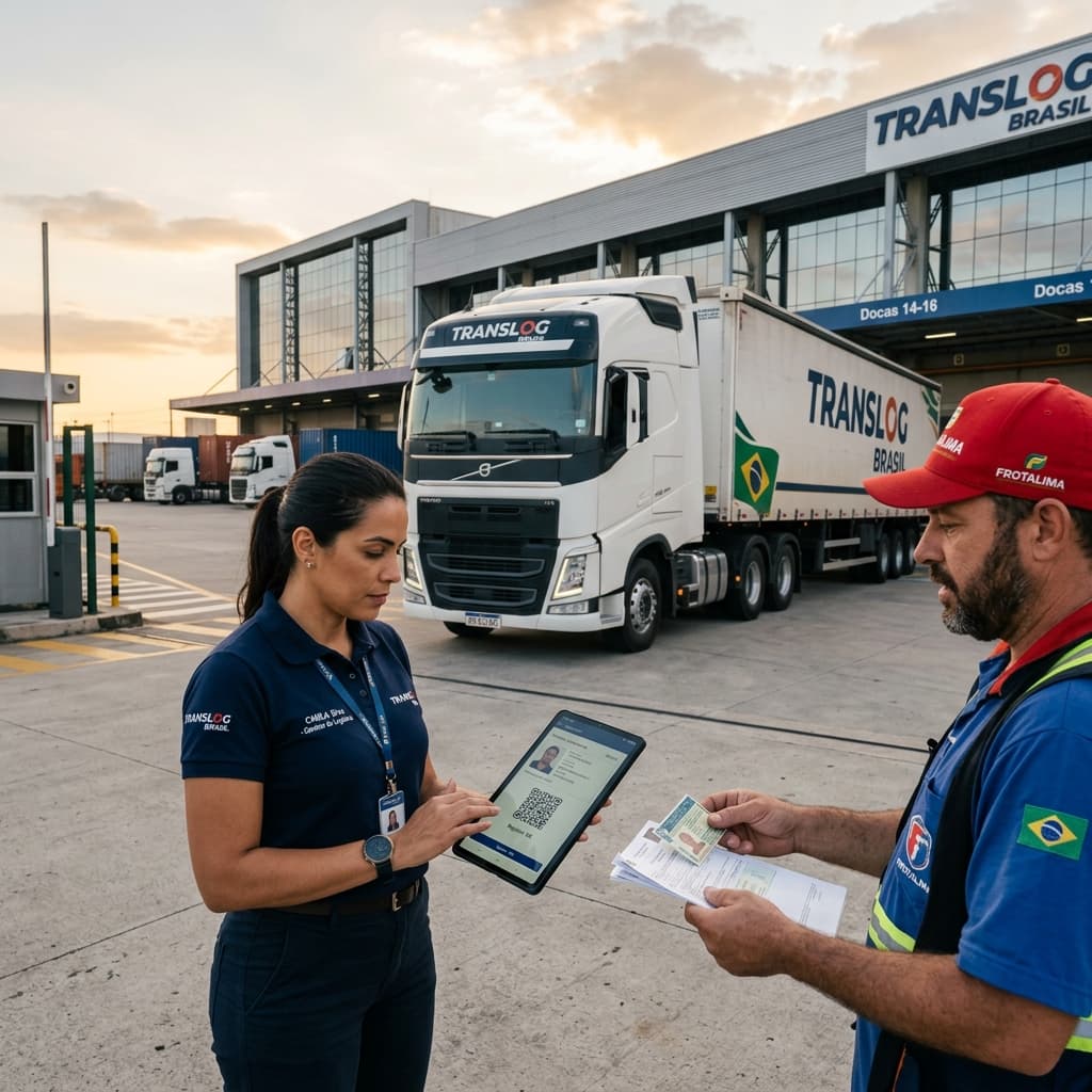 Profissional de logística fazendo checklist de segurança e qualificação de caminhão e motorista no pátio da empresa