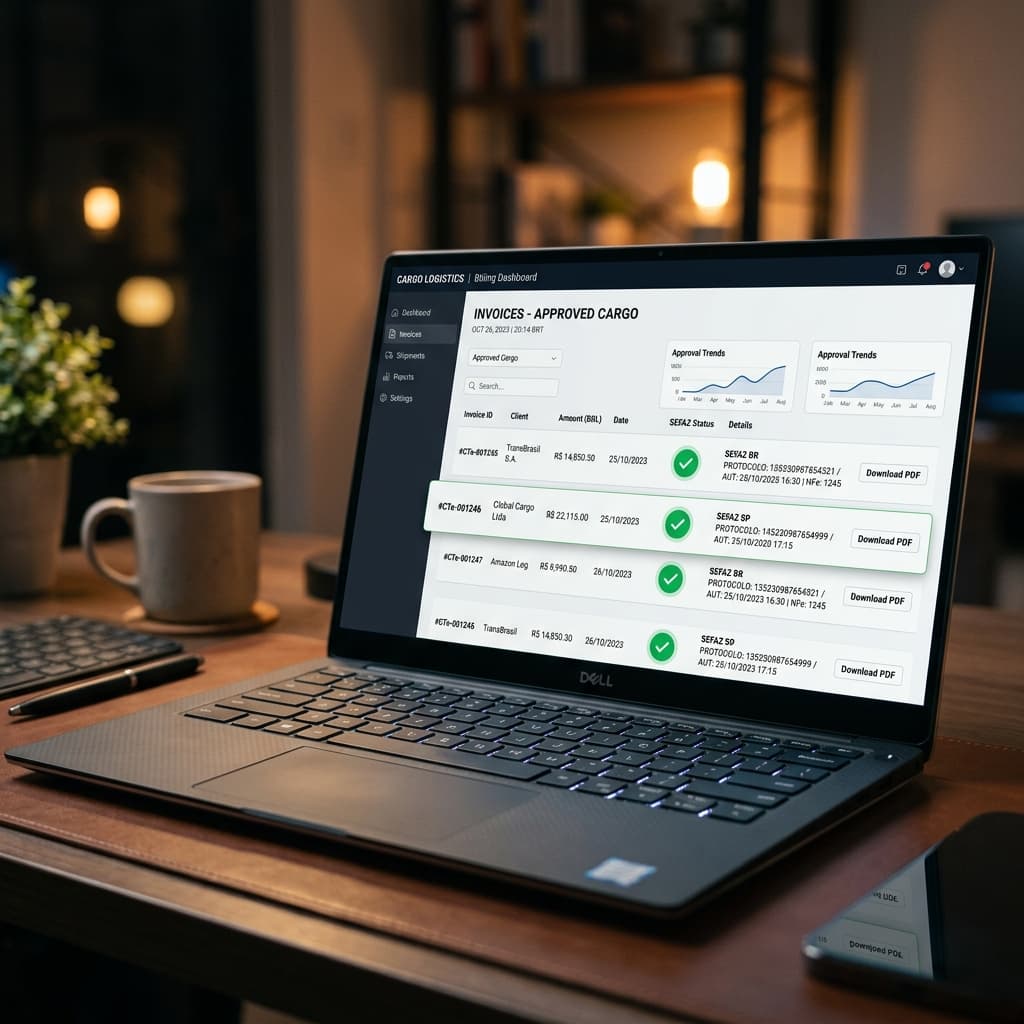 Mesa de trabalho com documentos fiscais organizados ao lado de um notebook mostrando painel de emissão de CT-e e MDF-e