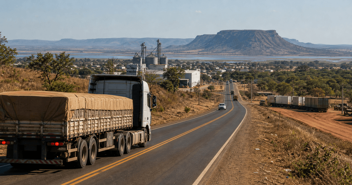 Caminhão de carga operando no oeste de Mato Grosso próximo a Cáceres com cenário rodoviário regional