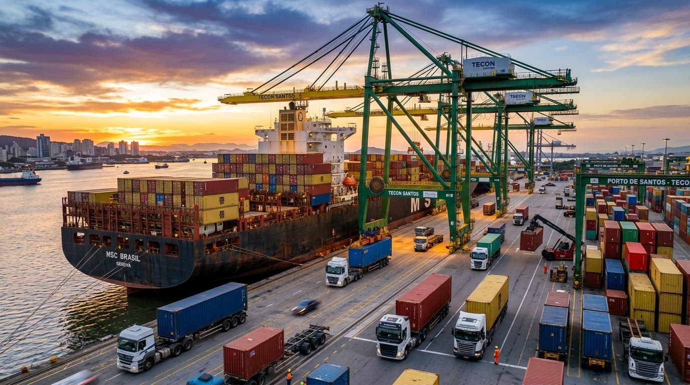 Grande navio de carga atracado em um porto brasileiro com guindastes movimentando containers em caminhões
