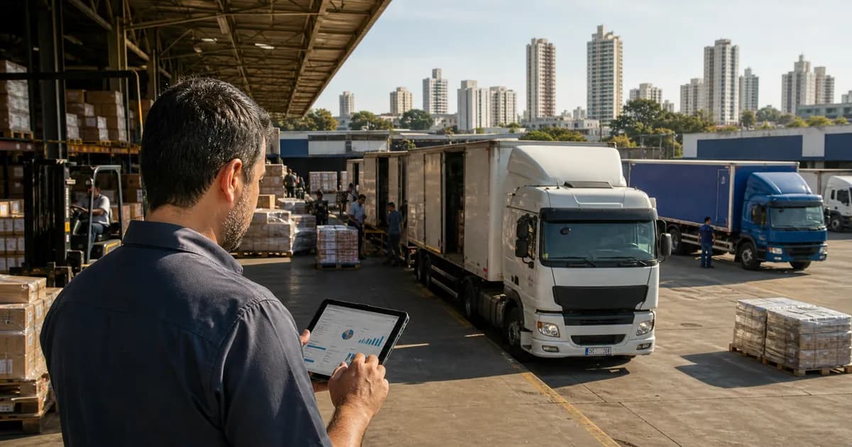 VUC (Veículo Urbano de Carga) em operação de entrega urbana com carga pequena em zona comercial