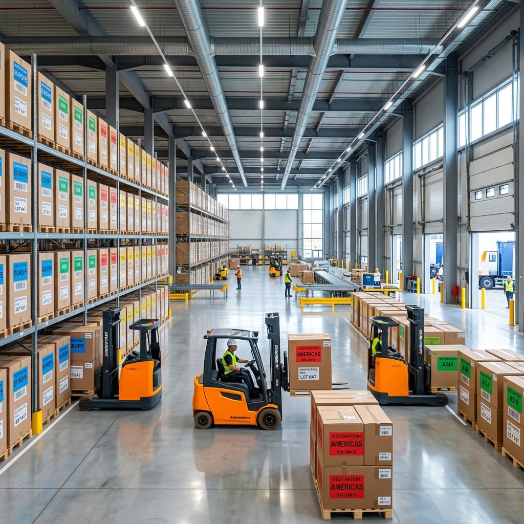 Centro de distribuição logístico com paletes de diferentes empresas sendo consolidados para frete fracionado