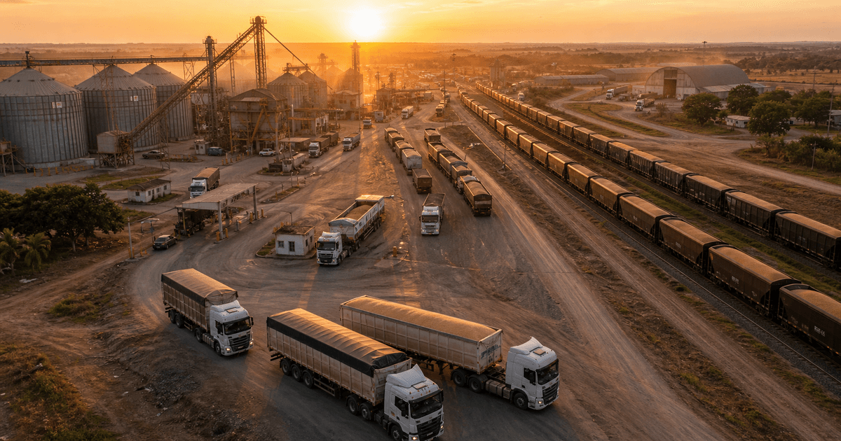 Terminal logístico em Rondonópolis com caminhões graneleiros e composição ferroviária de carga ao amanhecer