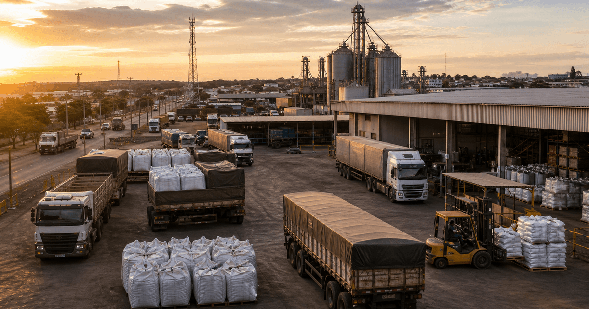 Pátio logístico em Sinop com caminhões de carga e operação regional de frete no norte de Mato Grosso