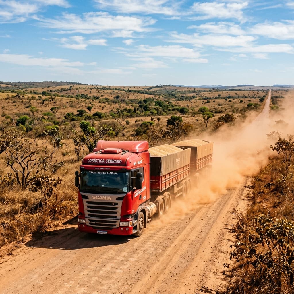 Corredor logístico do Cerrado goiano com caminhões transportando grãos de Goiás