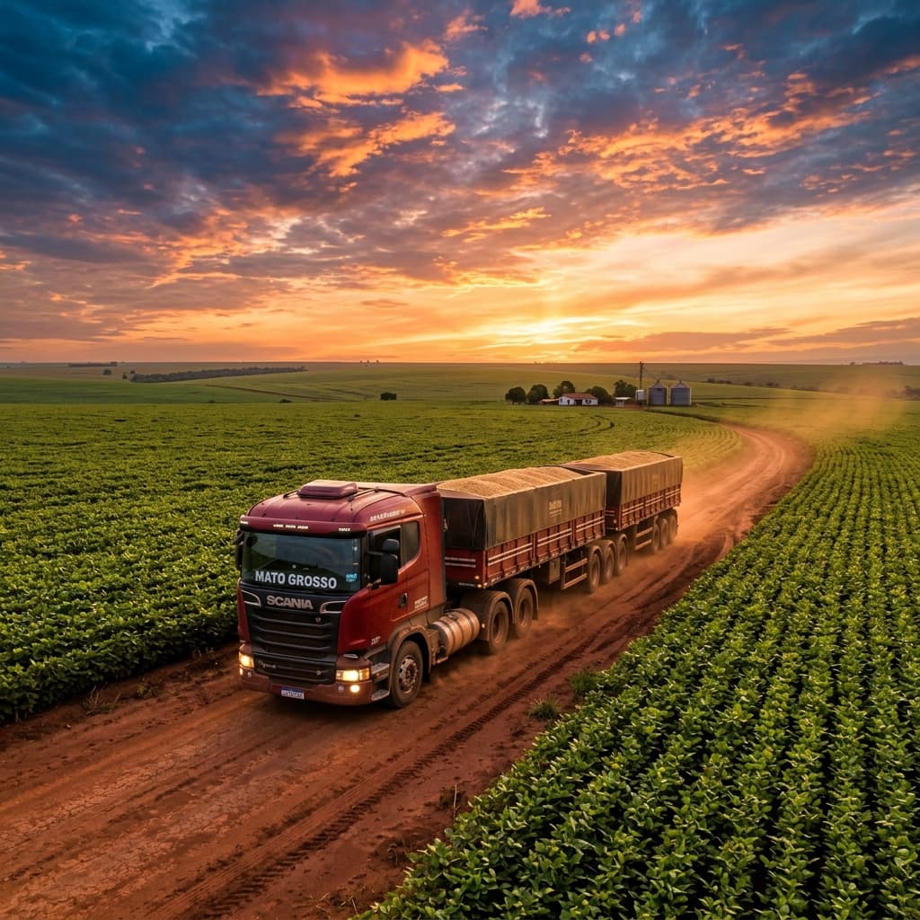 Corredor logístico do agronegócio em Mato Grosso com caminhões graneleiros carregando soja