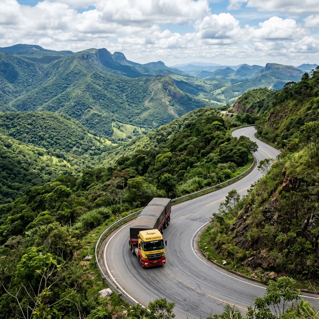 Corredor logístico de Minas Gerais com caminhões transportando carga industrial e agrícola