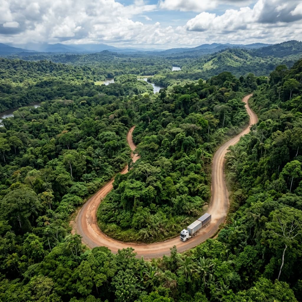 Corredor logístico da Região Norte do Brasil com caminhão em rodovia amazônica