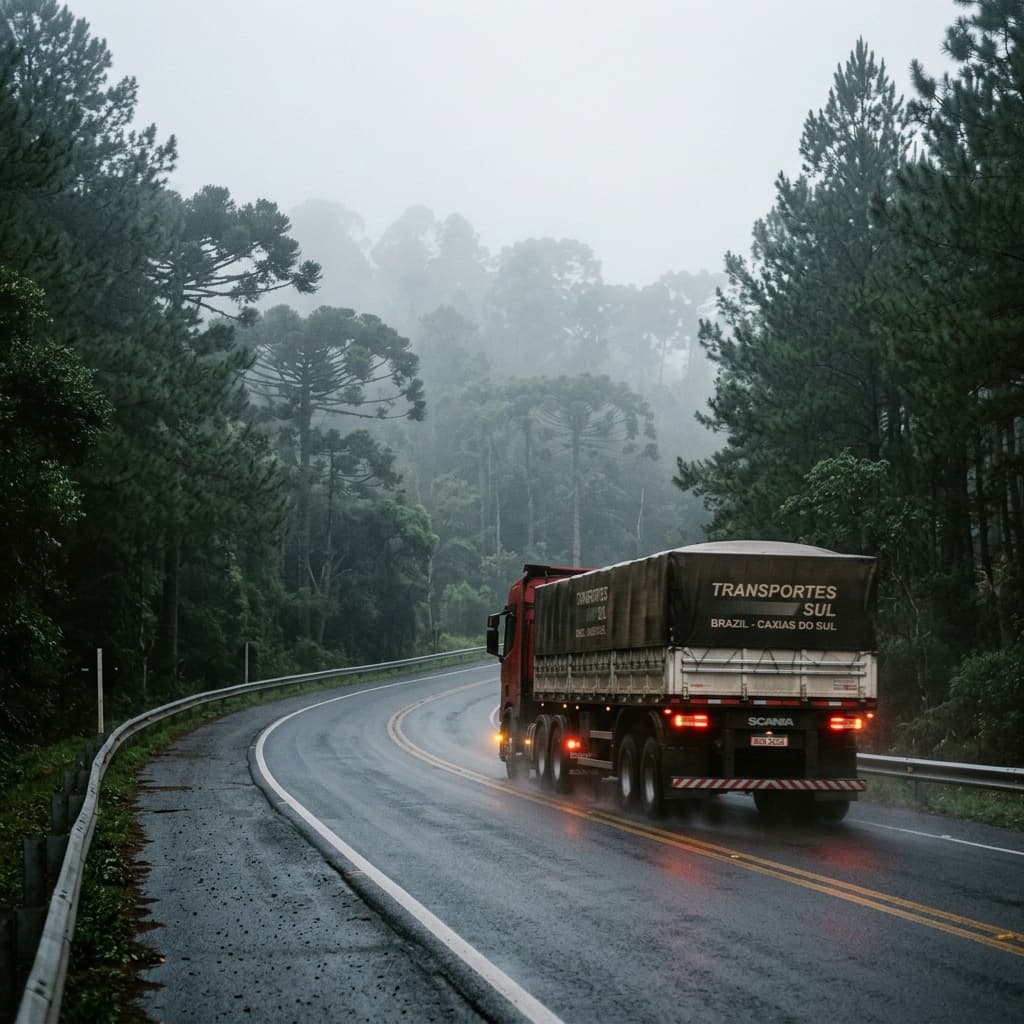 Corredor logístico do Sul do Brasil com caminhões graneleiros e frigorificados