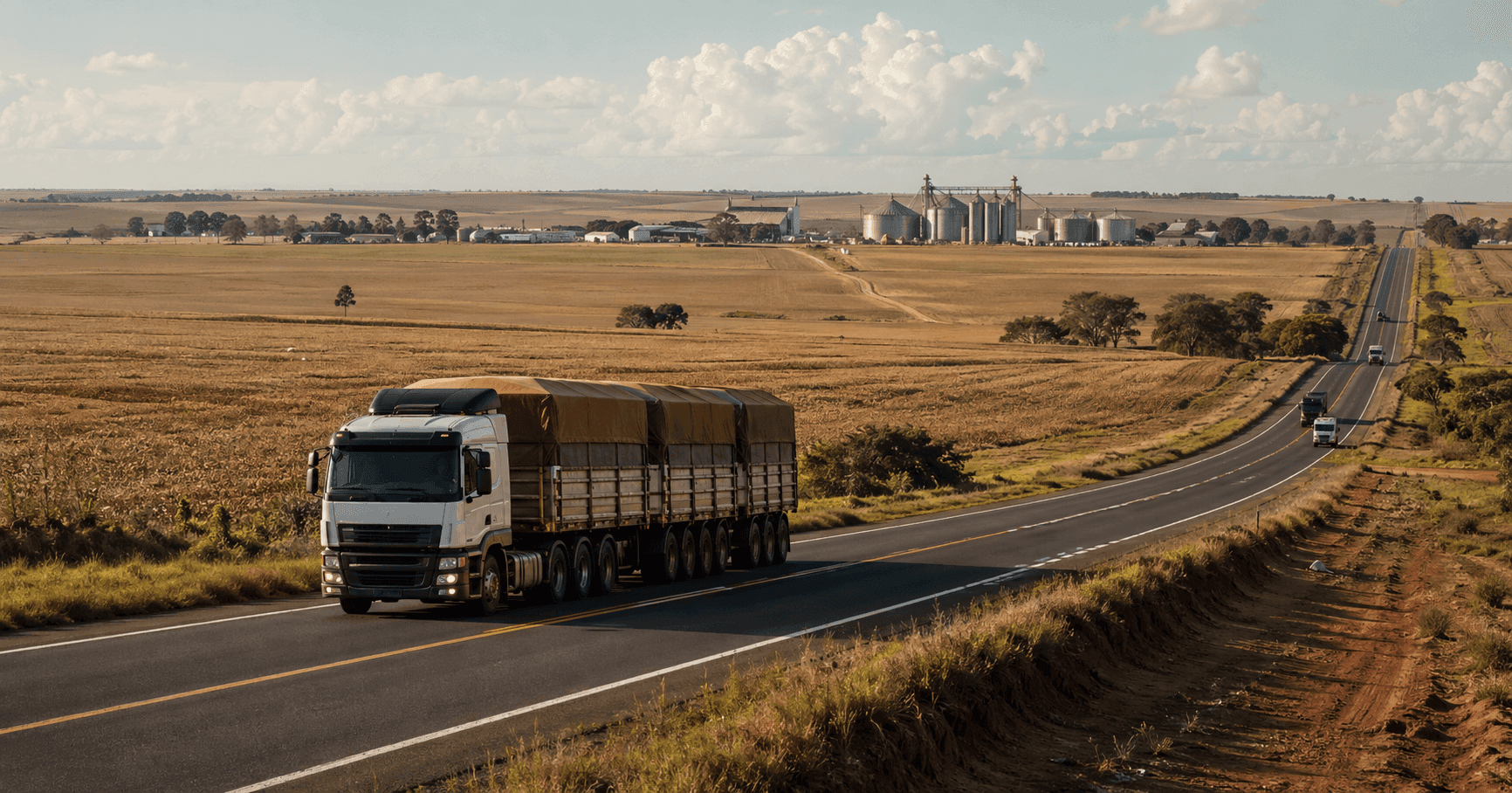 Corredor logístico da soja na safra 2026 com caminhões graneleiros no Mato Grosso