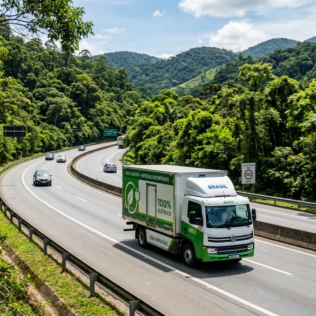 Caminhão de carga eficiente transitando em rodovia cercada por floresta preservada