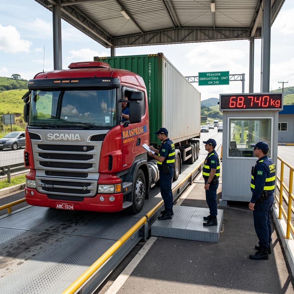 Caminhão carregado passando pela balança rodoviária federal com fiscais do DNIT realizando pesagem