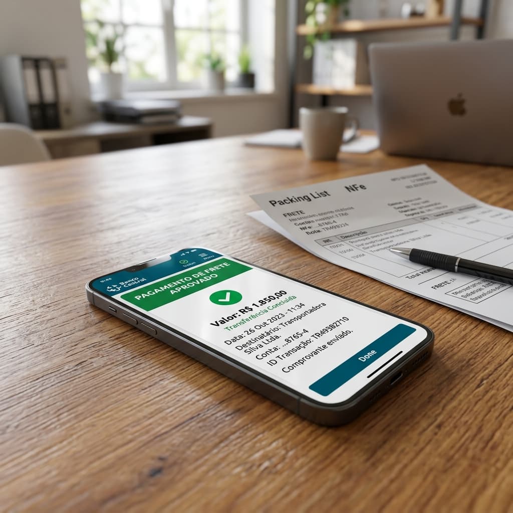 Profissional de contas a pagar revisando liquidações financeiras digitais de fretes