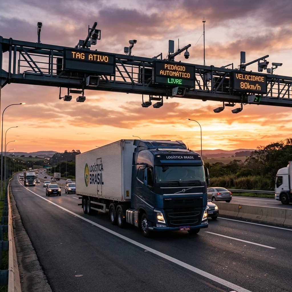 Pórtico de pedágio automático free flow sob rodovia interestadual no Brasil