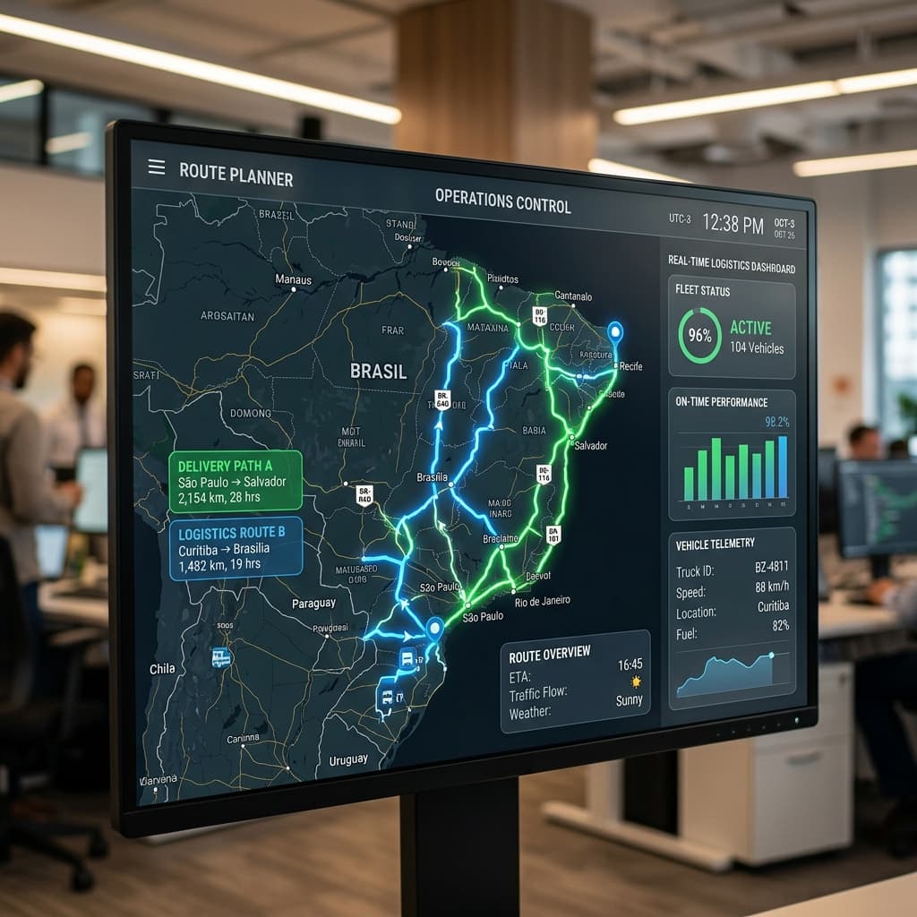 Mapa em tempo real mostrando localização de carga e previsão de entrega