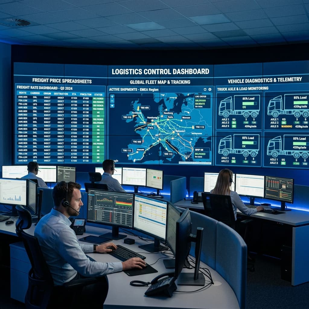 Painel de controle com equipe analisando conformidade de fretes e rotas