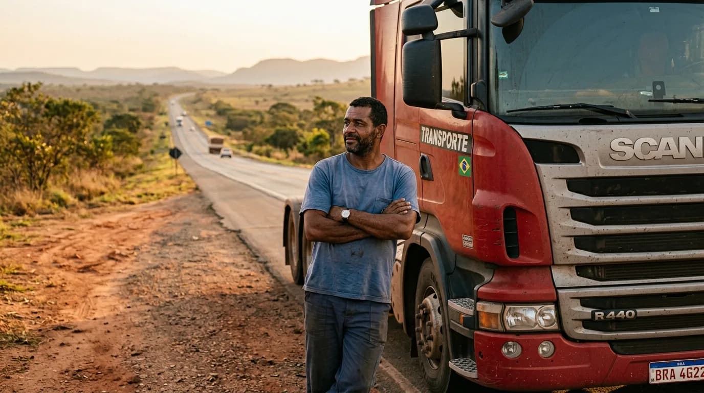 Caminhoneiro brasileiro ao lado do seu caminhão na estrada do cerrado