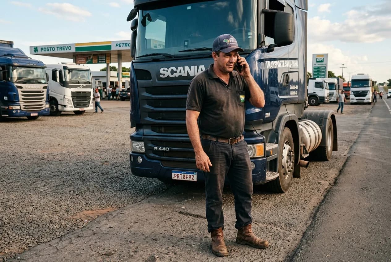Caminhoneiro fechando frete por telefone no posto