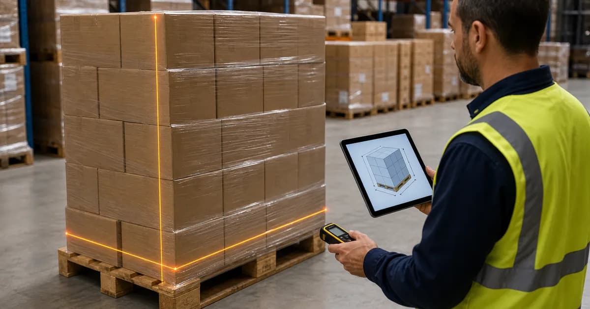 Caixas de papelão empilhadas em um pallet com linhas de medição gráfica de altura, largura e comprimento