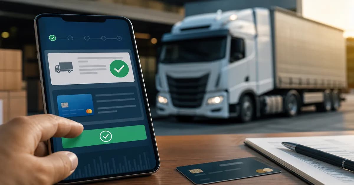 Celular mostrando aplicativo de pagamento eletrônico de frete e CIOT com caminhão ao fundo