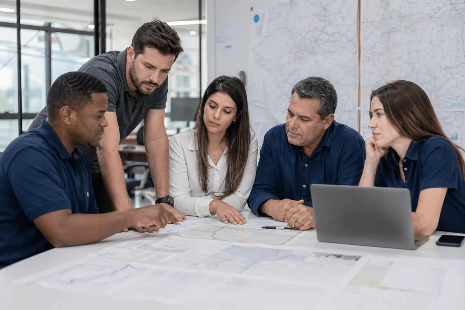 Equipe de despacho conferindo documentação fiscal de transporte em reunião
