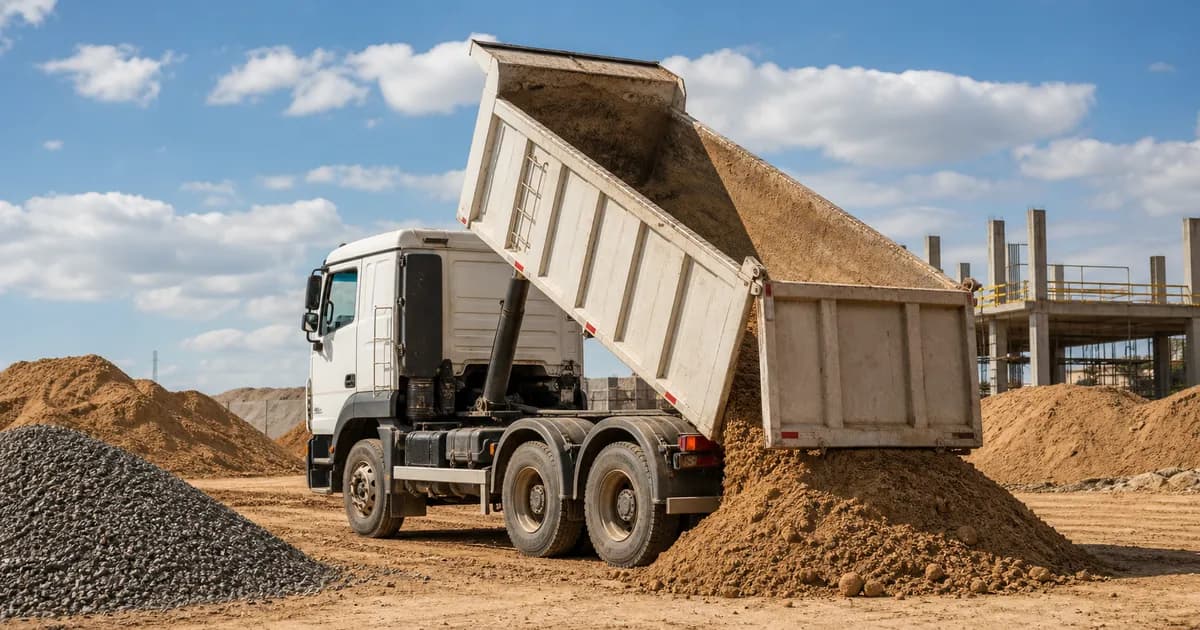 Caminhão basculante em operação de carga e descarga de material granulado em obra ou pátio logístico