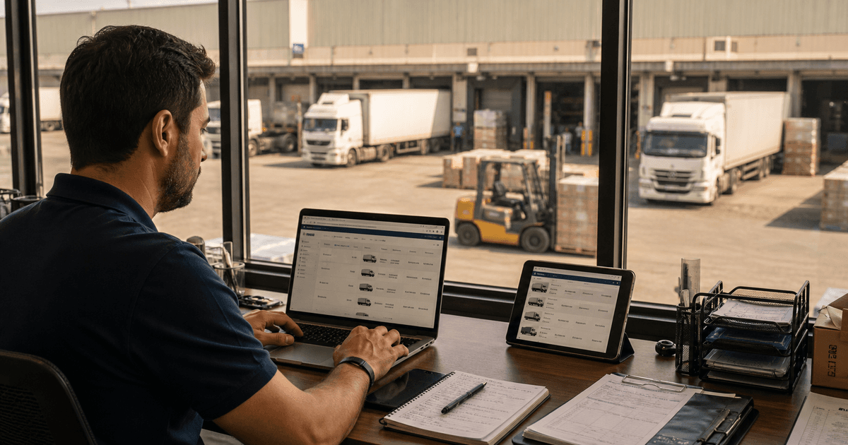 Gestor logístico fazendo cotação de frete online em plataforma digital com operação de transporte ao fundo