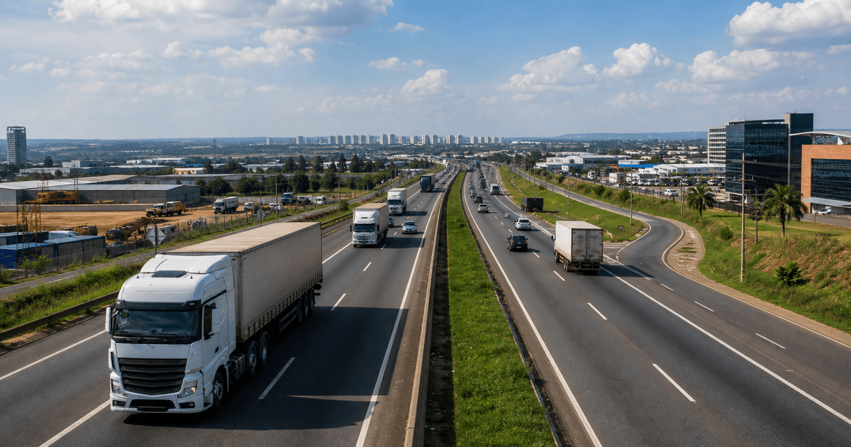 Caminhão de carga em corredor rodoviário entre Brasília e Goiânia com contexto de distribuição comercial