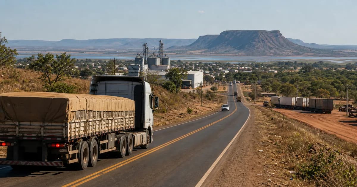 Caminhão de carga operando no oeste de Mato Grosso próximo a Cáceres com cenário rodoviário regional