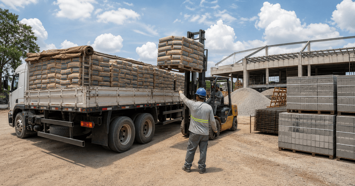 Caminhão transportando cimento em operação logística para obra ou distribuição de materiais
