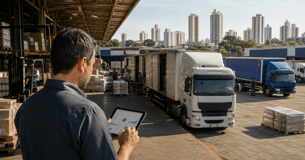 Operação logística em Cuiabá e Várzea Grande com gestor em doca e caminhões de distribuição urbana