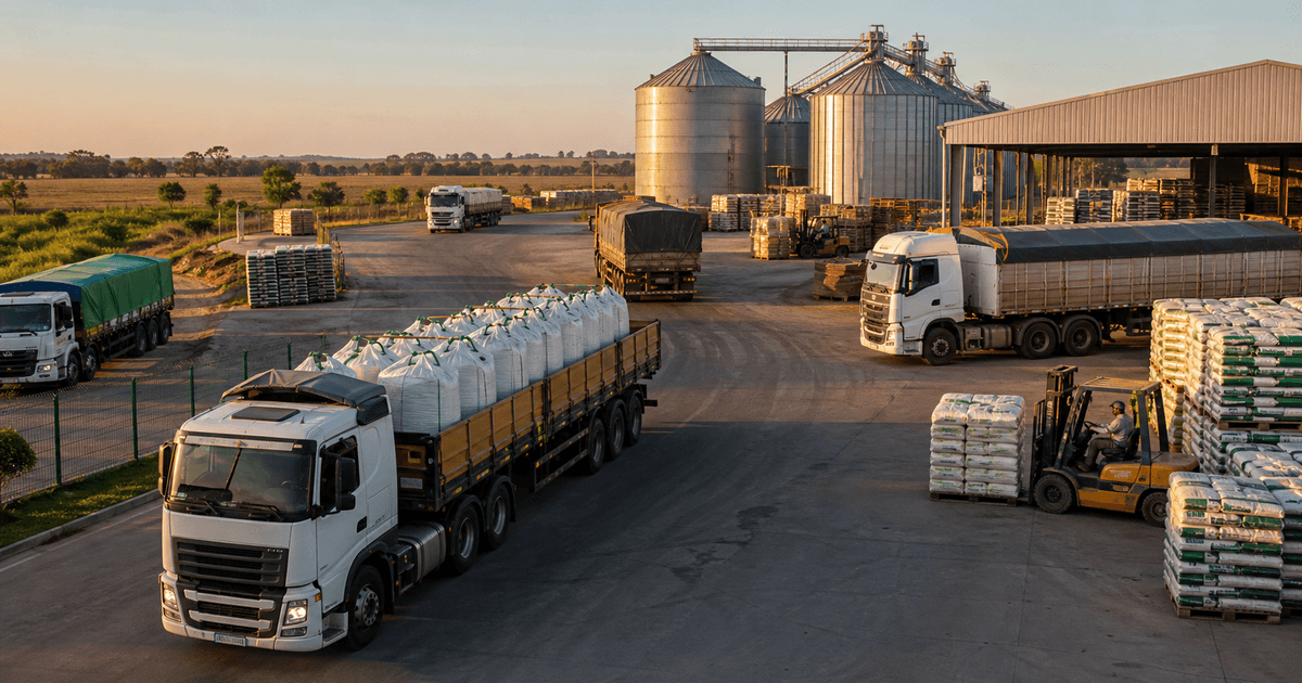 Caminhões transportando fertilizantes e insumos agrícolas em operação logística rumo a Mato Grosso