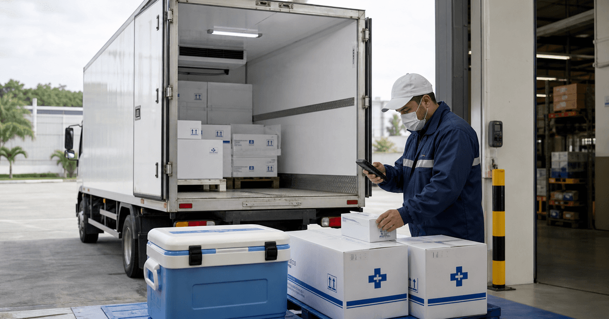 Operação logística de transporte farmacêutico com caminhão e controle de carga sensível