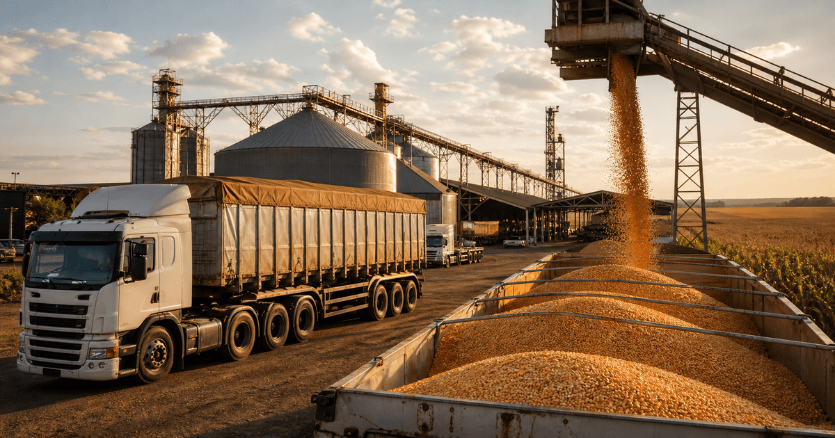 Operação de frete de milho com caminhões graneleiros e estrutura de armazenagem agrícola