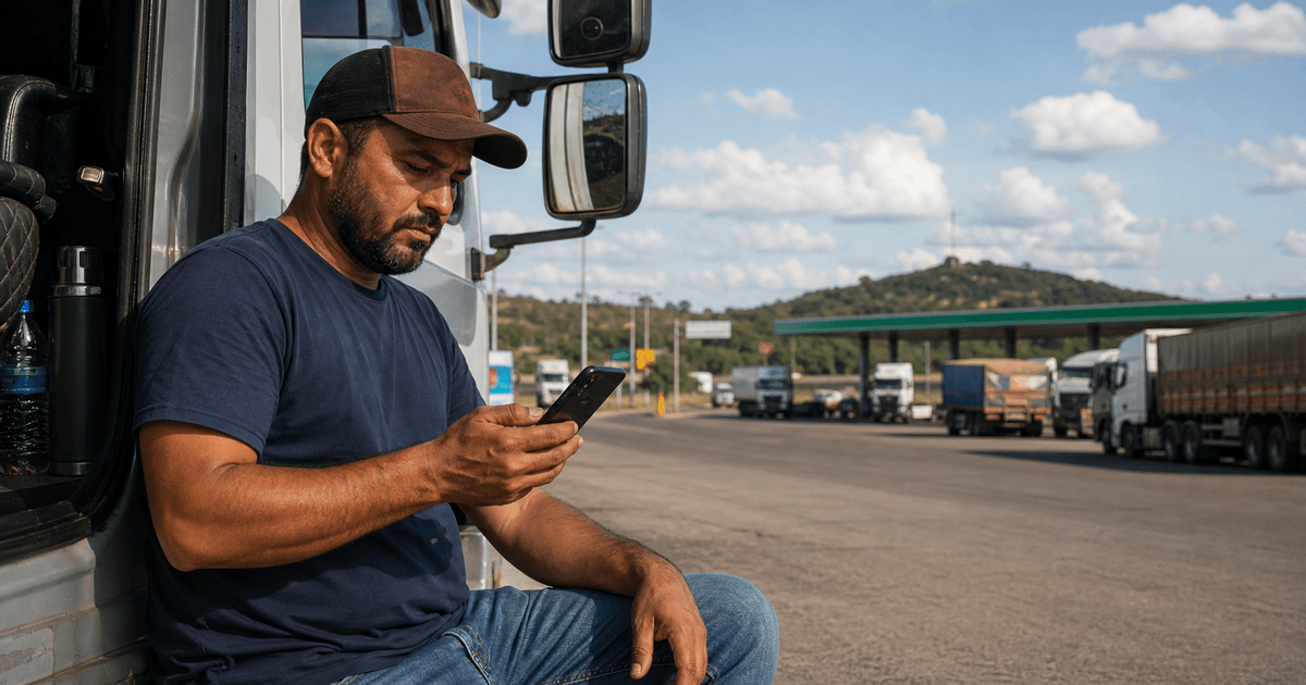 Caminhoneiro procurando frete de retorno no celular em posto rodoviário em Mato Grosso