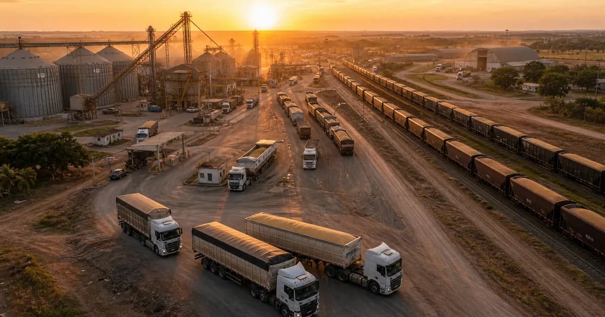 Terminal logístico em Rondonópolis com caminhões graneleiros e composição ferroviária de carga ao amanhecer