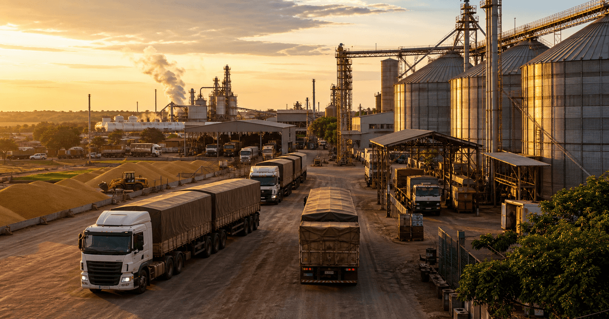 Operação agroindustrial em Tangará da Serra com caminhões de carga e estrutura de armazenagem