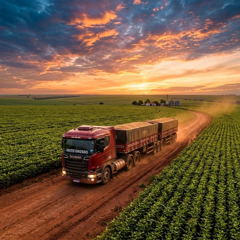 Corredor logístico do agronegócio em Mato Grosso com caminhões graneleiros carregando soja