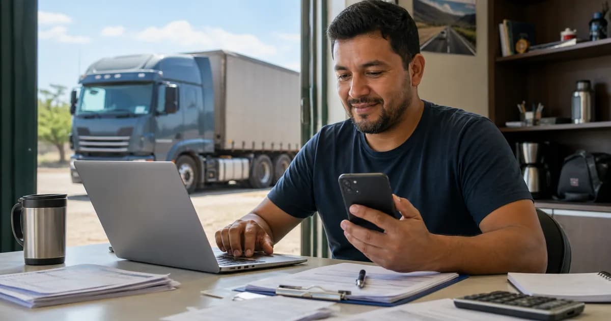 Caminhoneiro autônomo segurando o celular exibindo o portal do empreendedor e a guia do DAS MEI
