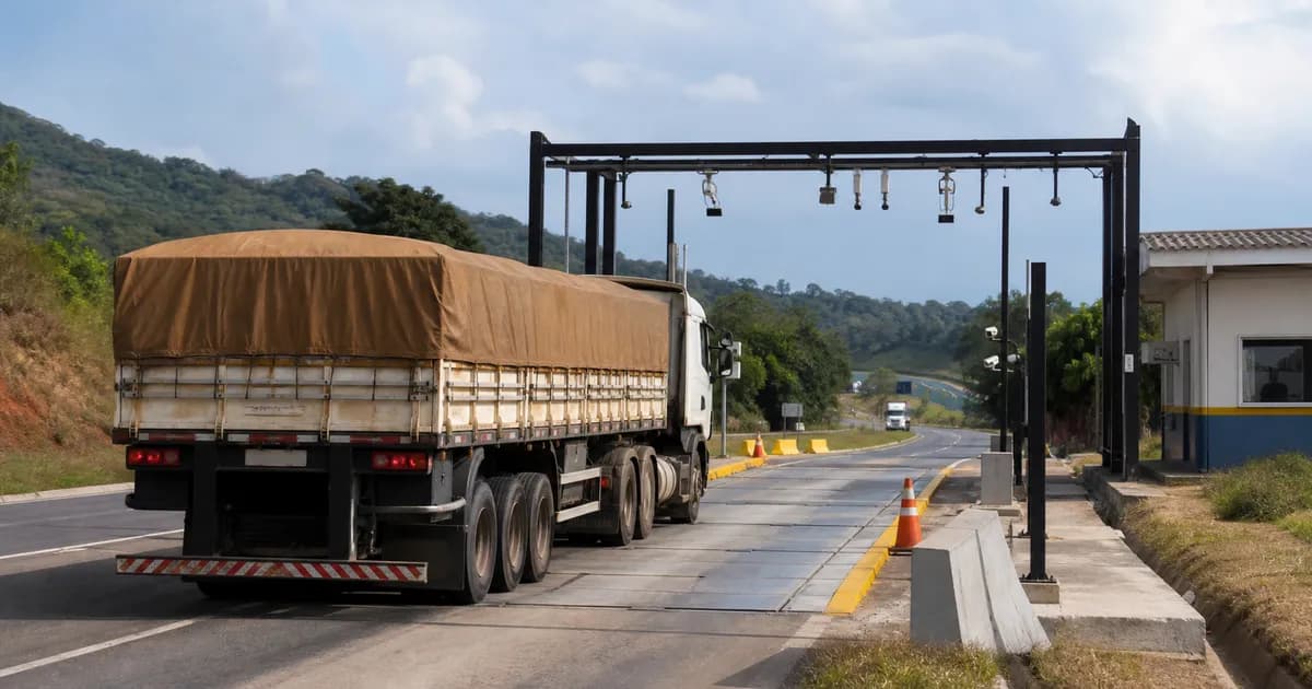 Caminhão passando por um painel de fiscalização em movimento e ignorando a alça de acesso à balança da rodovia