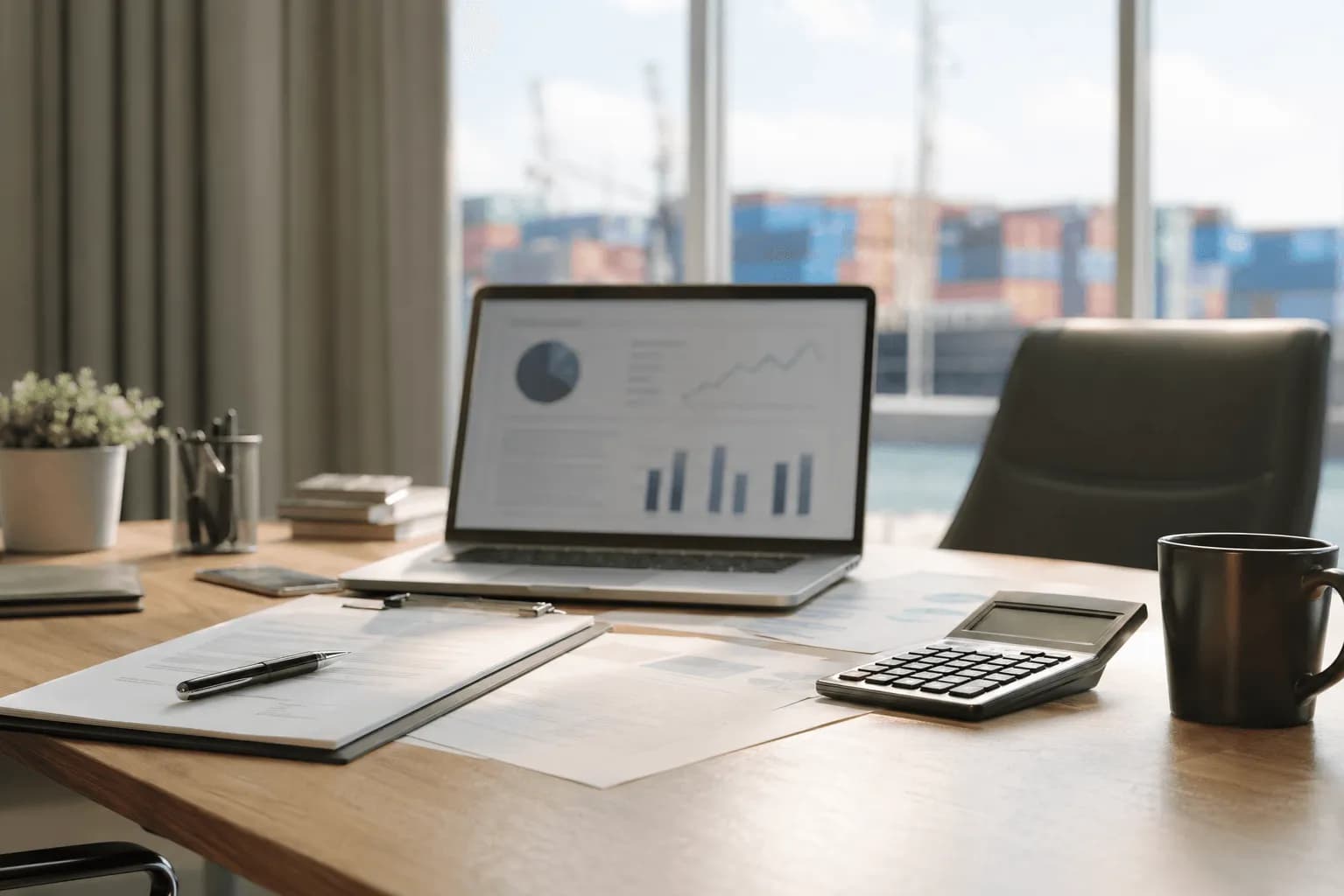 Mesa comercial com laptop, documentos e calculadora em ambiente logístico