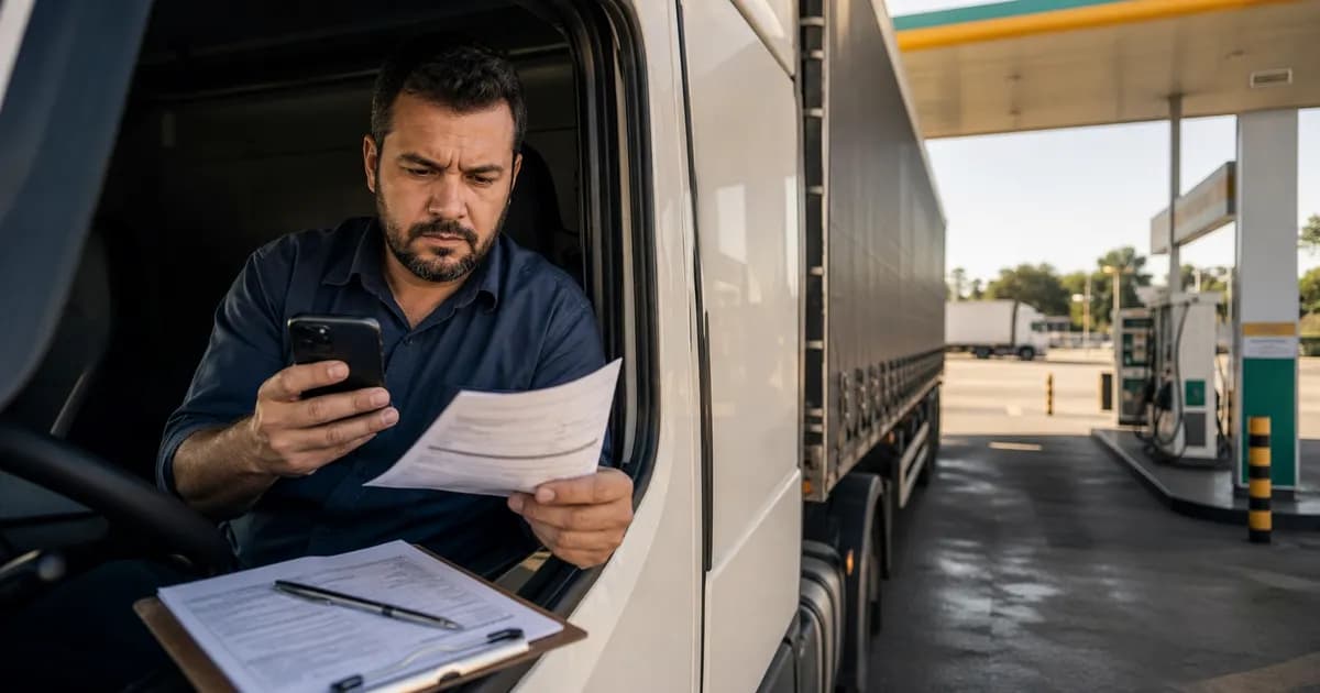 Motorista validando documentação de frete no aplicativo pelo celular antes de iniciar viagem