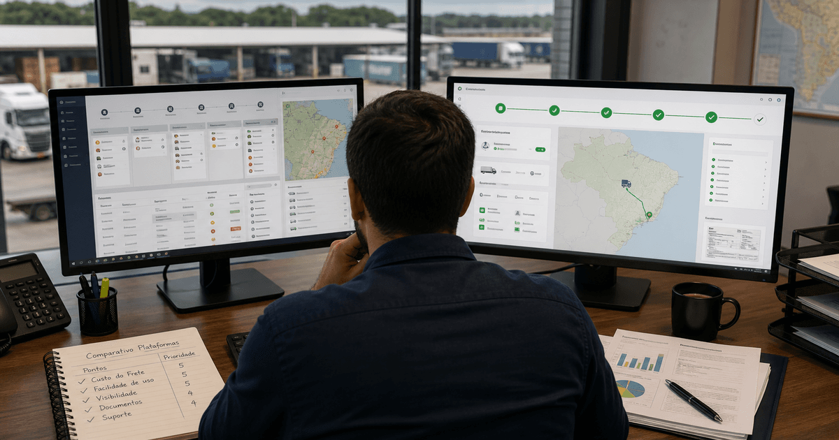 Comparativo de plataformas de frete digital com dashboard de tecnologia logística em tela